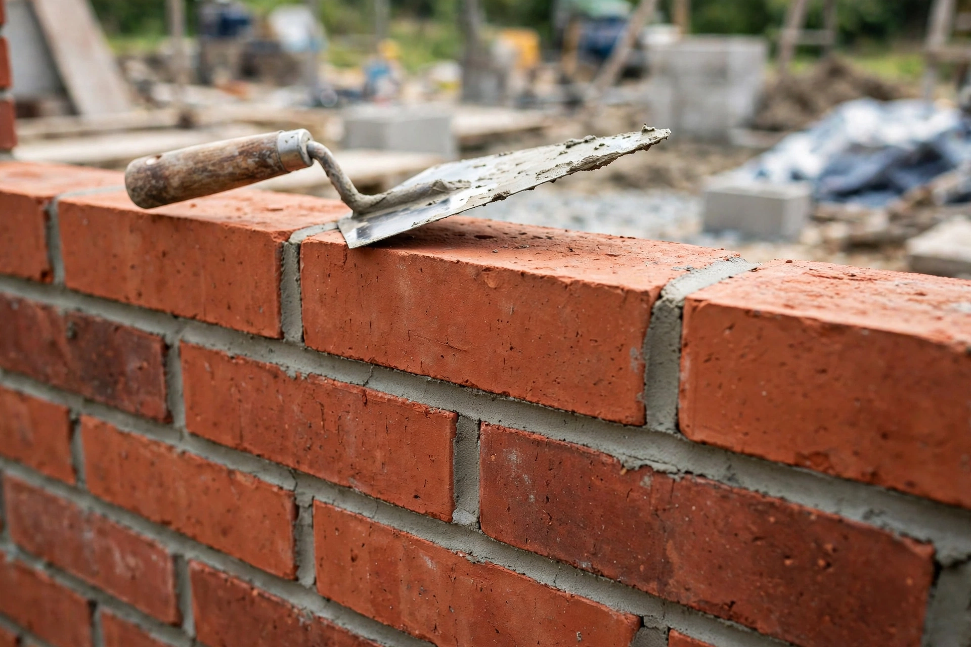 Freshly laid brick wall with clean mortar joints