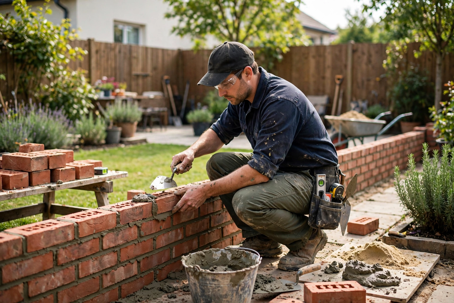 Bricklayer building a brick fence in Temora NSW